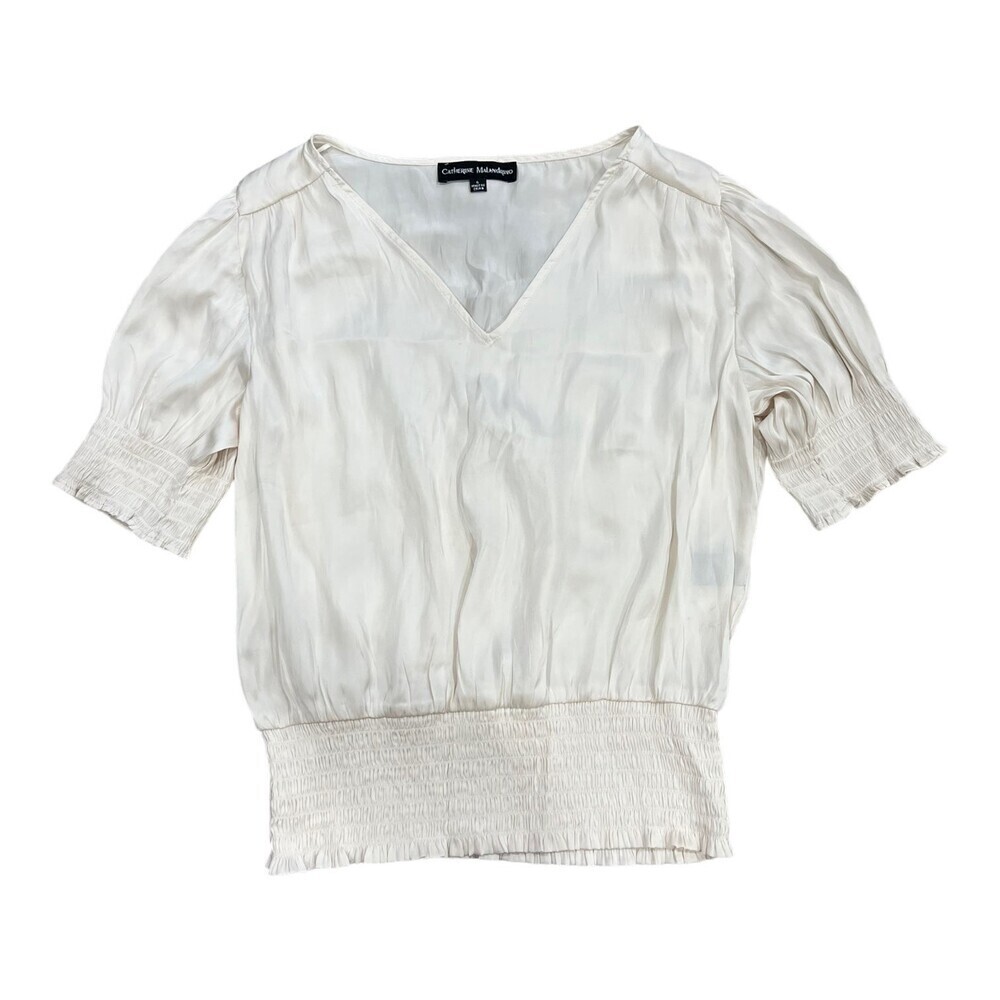 Catherine Malandrino Cream Satin Smocked Blouse S